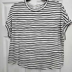 Chico's Black and White Striped Cap Sleeve Tee